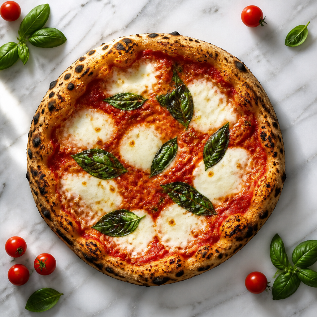 Pizza Margherita sur marbre blanc